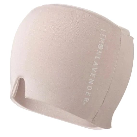 Beige migraine cap with brand logo on a white background