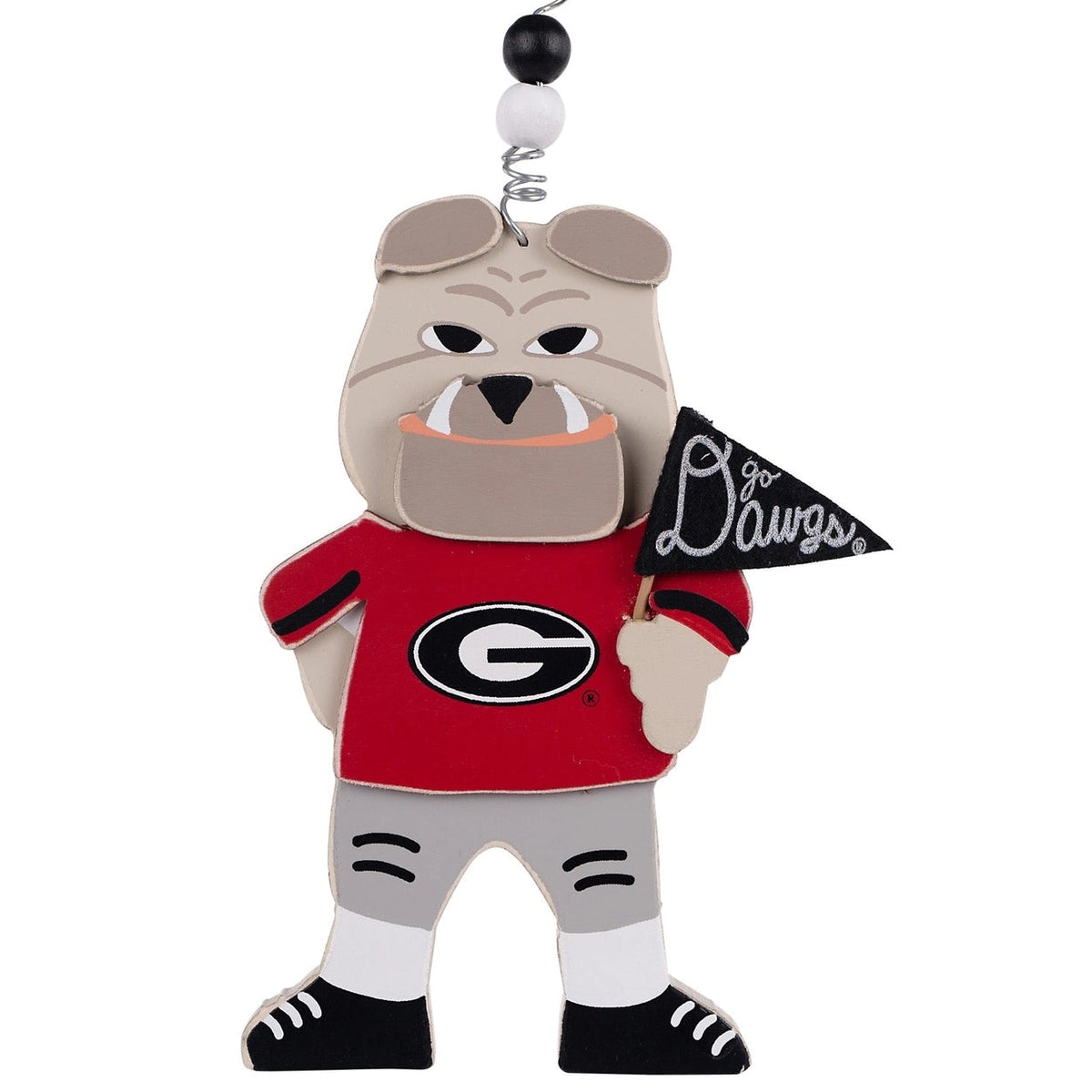 A bulldog-shaped Georgia Bulldogs ornament or charm wearing a red jersey with the team's 'G' logo, holding a black 'The Dawgs' flag, on a plain white background.