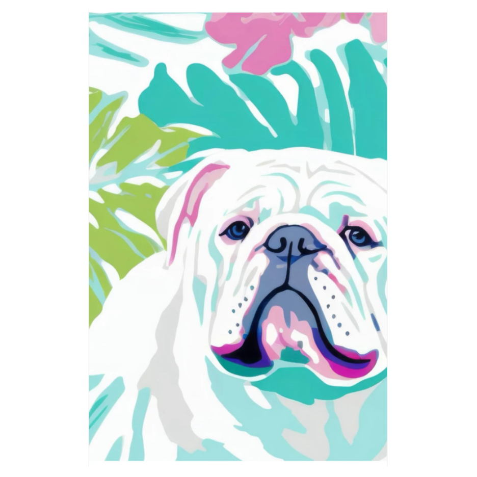 A stylized pop-art illustration of a white bulldog with pink, teal, and green tropical leaves on a white background.