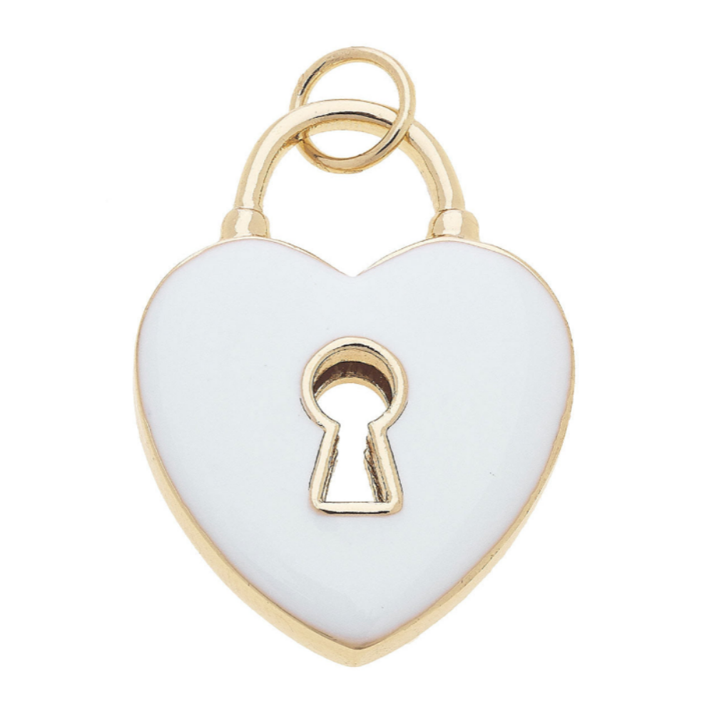A heart-shaped pendant charm with a white enamel center, gold-toned metal border, keyhole cutout, and top hanging loop, shown on a plain white background.