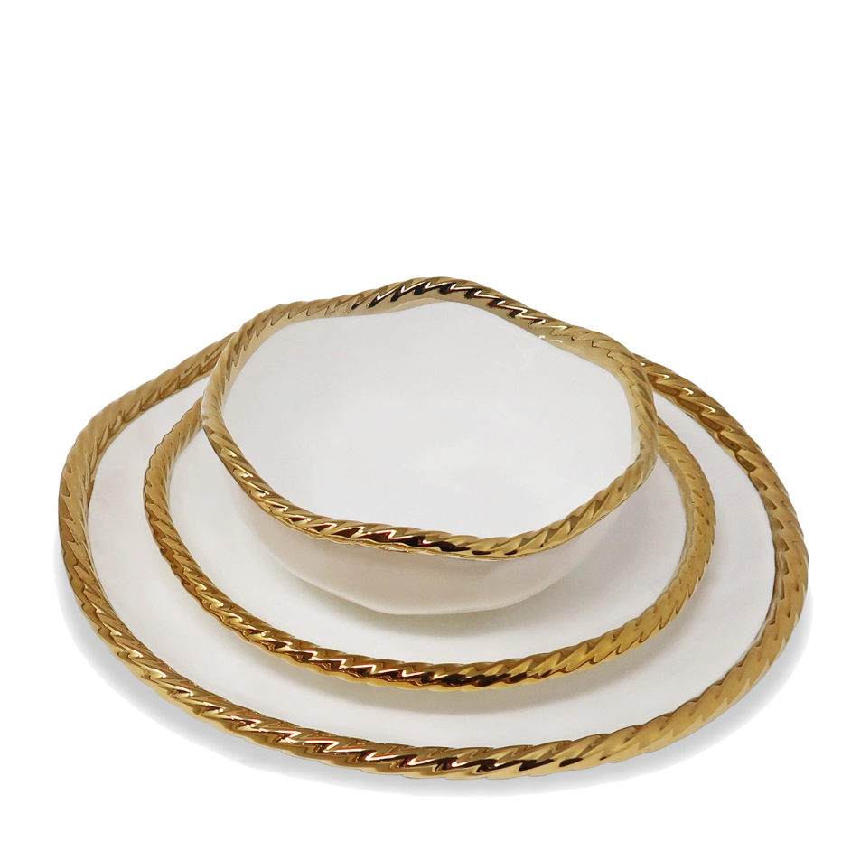 White Dinner Plates with Gold Rope Edge