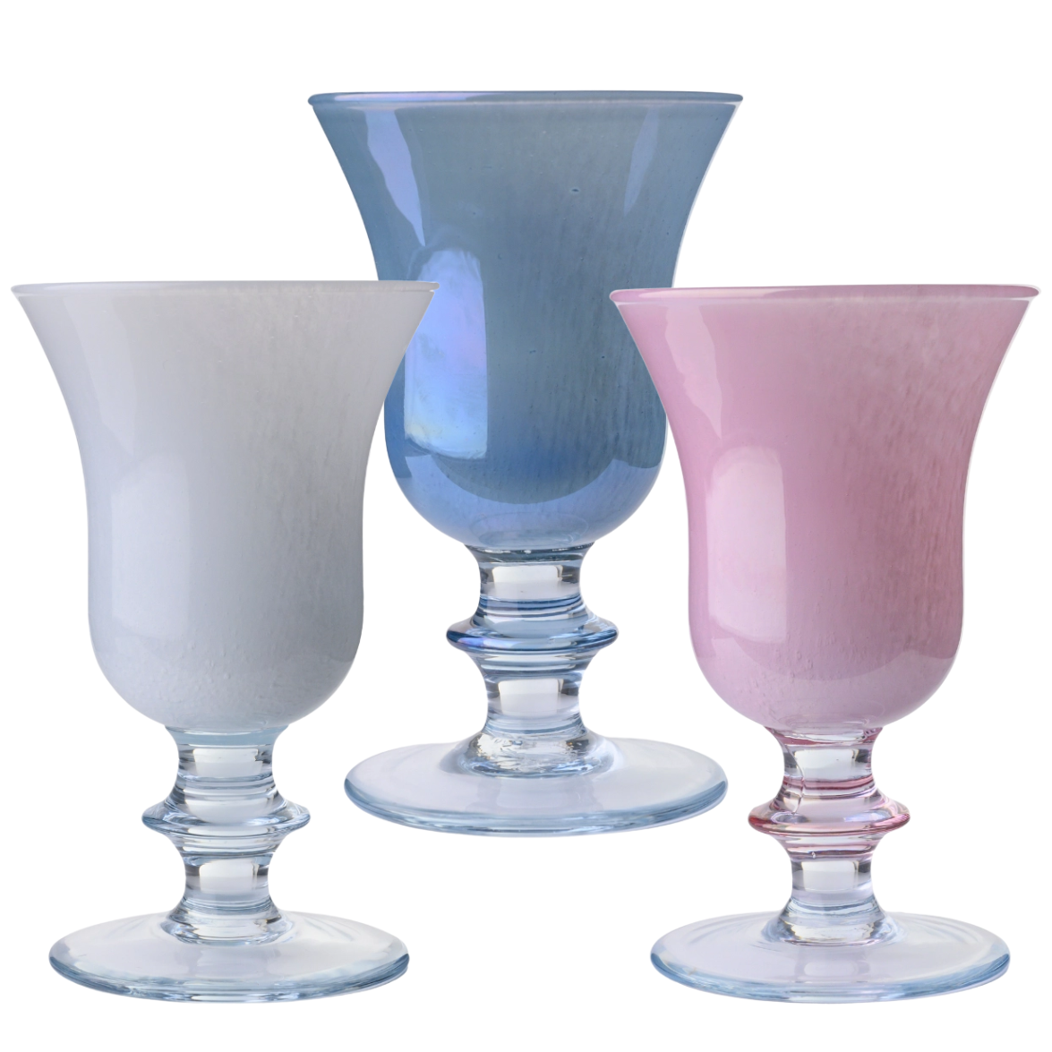 Three colorful glass goblets on a white background