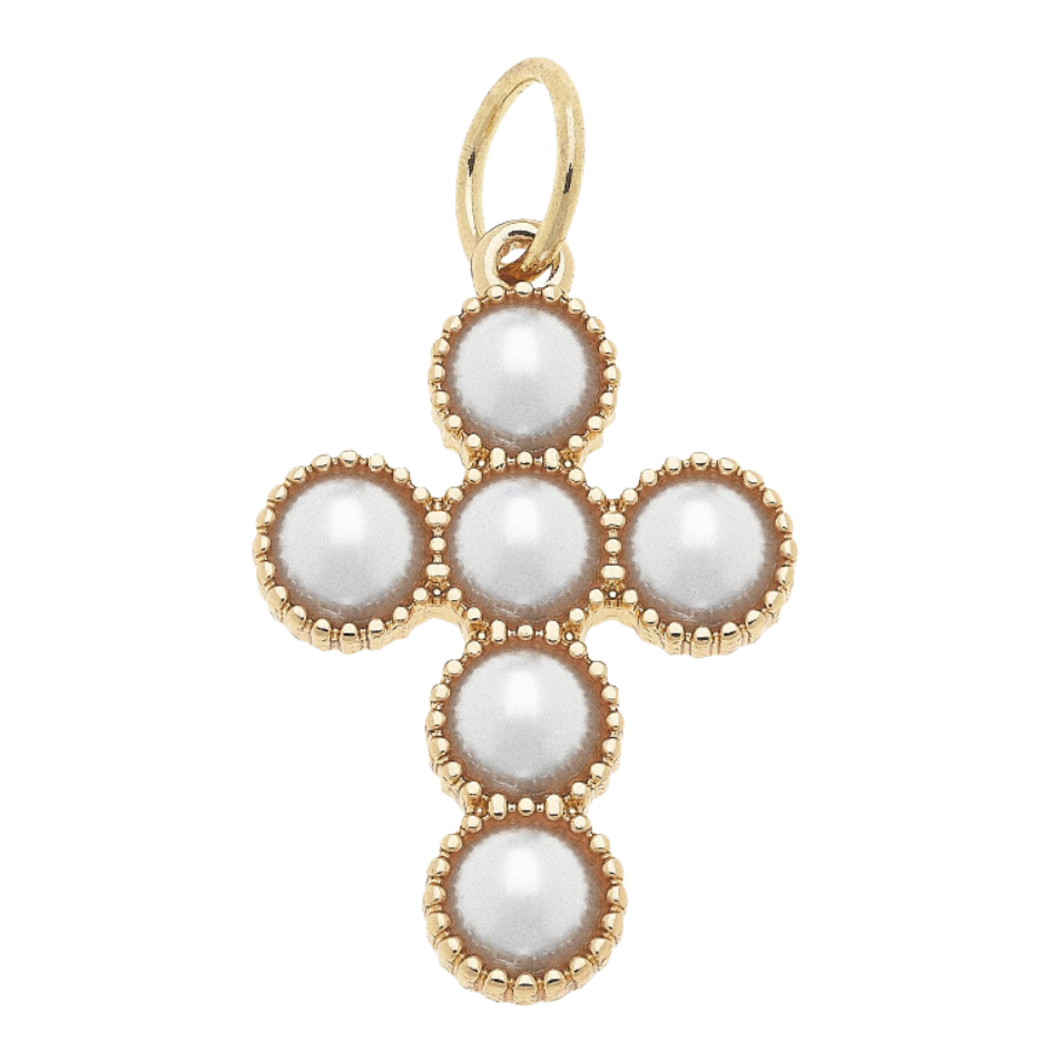 A gold cross pendant featuring five white pearl-like beads set in a beaded gold border, with a gold bail at the top, shown on a plain white background.
