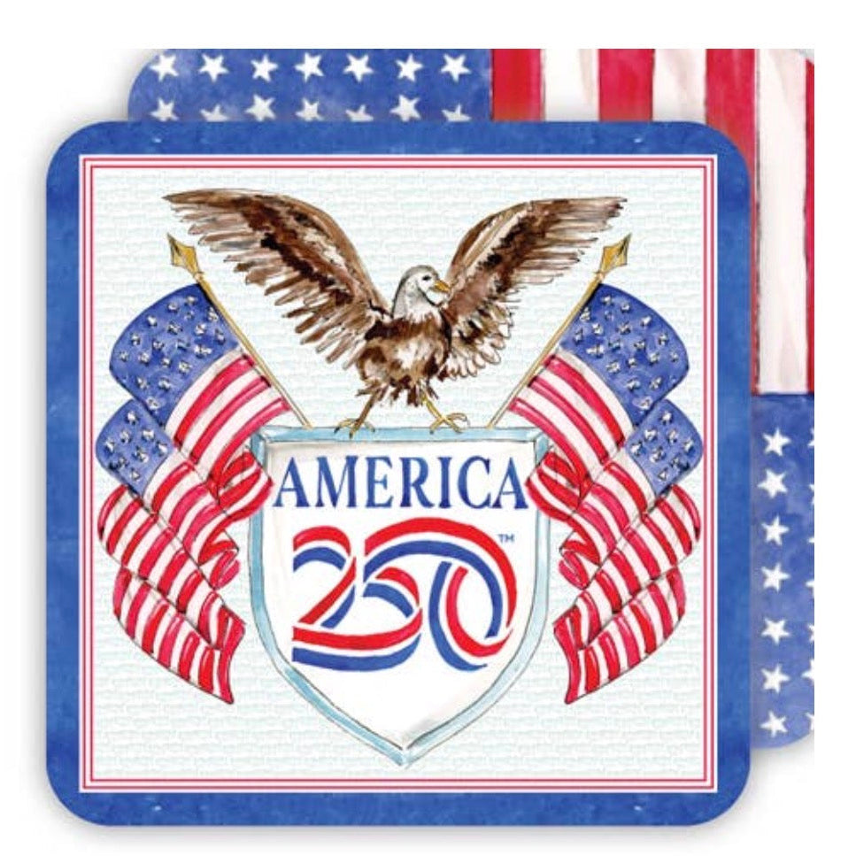 Rosanne Beck Hand painted America 250 Logo with Bald Eagle and Flags Die-Cut Coaster
