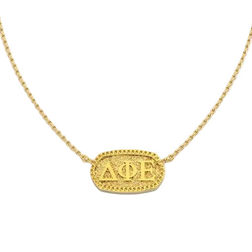 A gold chain necklace with a textured oval pendant featuring the Greek letters Delta Phi Epsilon on a plain white background.