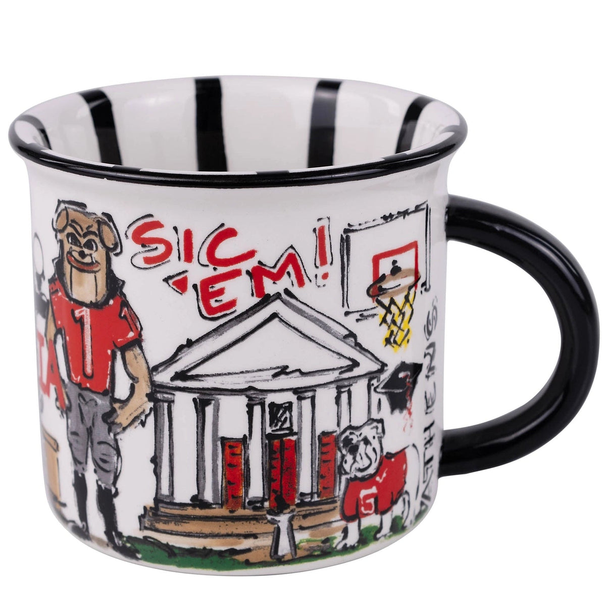 Mug with university-themed design featuring a bulldog, building, and 'Sic 'Em!' text on a white background.