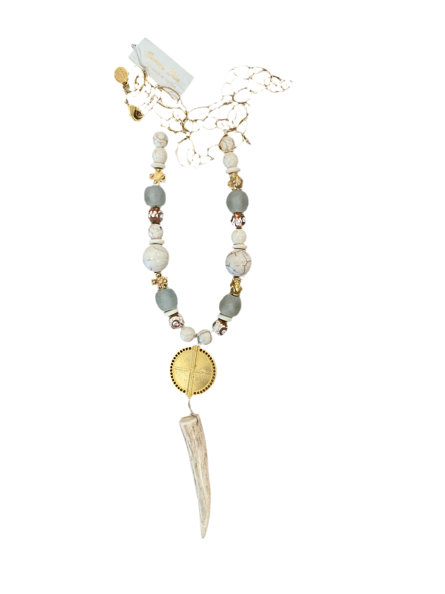 Gold Shield, White Turquoise & Antler Necklace