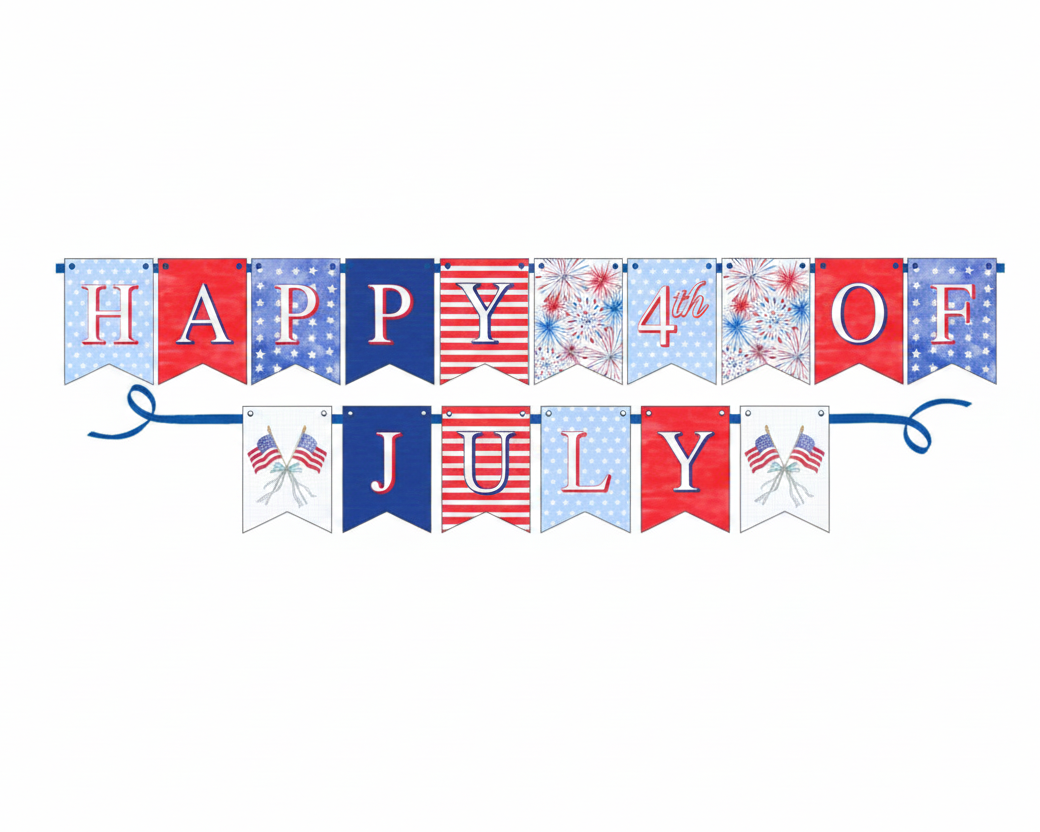 Rosanne Beck Happy 4th of July Red White and Blue Icons Party Banner