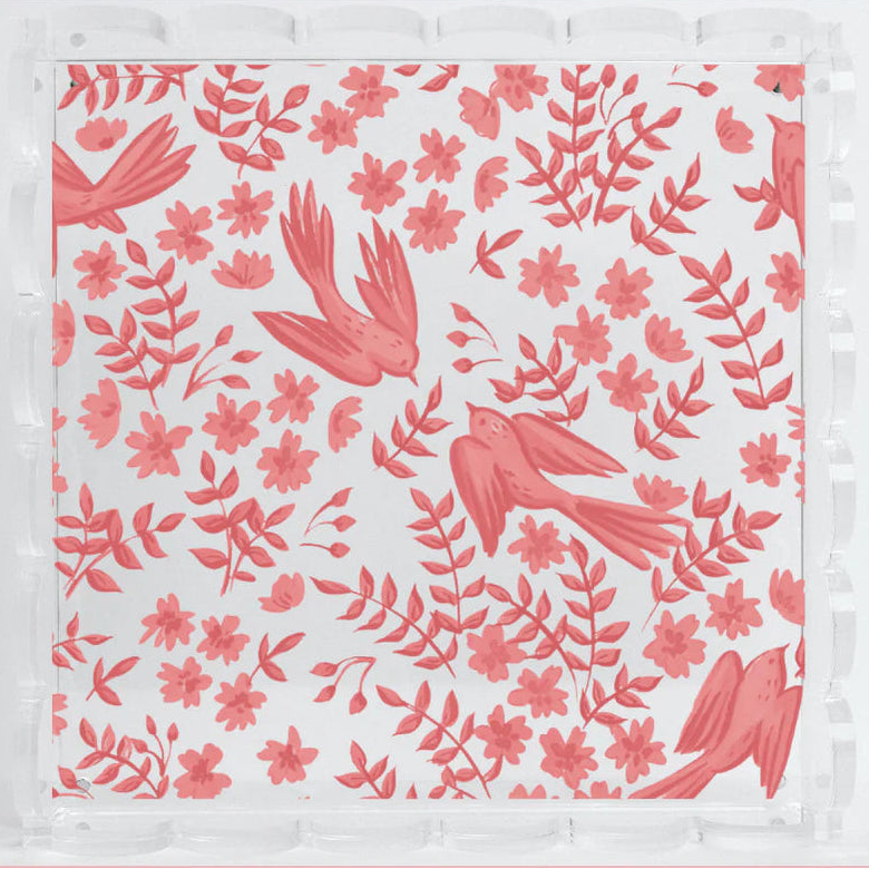 A square white fabric napkin or paper towel with a coral pink floral and bird pattern, displayed flat against a solid coral pink background. The brand name 'SORORITY SISTERHOOD' is printed in white text in the bottom right corner.
