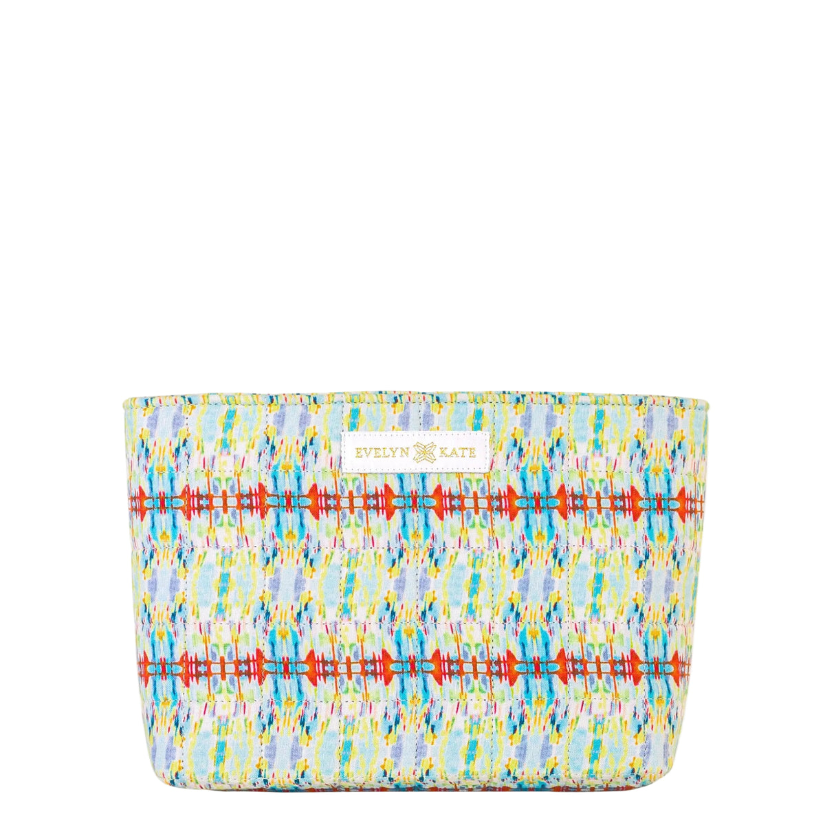 A rectangular cosmetic pouch by Evelyn + Kate featuring a colorful geometric ikat pattern on a white background, with a small white brand label on the front.