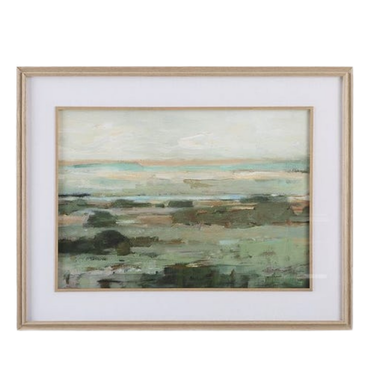 A framed landscape painting featuring muted green, beige, and gray tones, set in a light wood frame with a white mat against a plain white background.