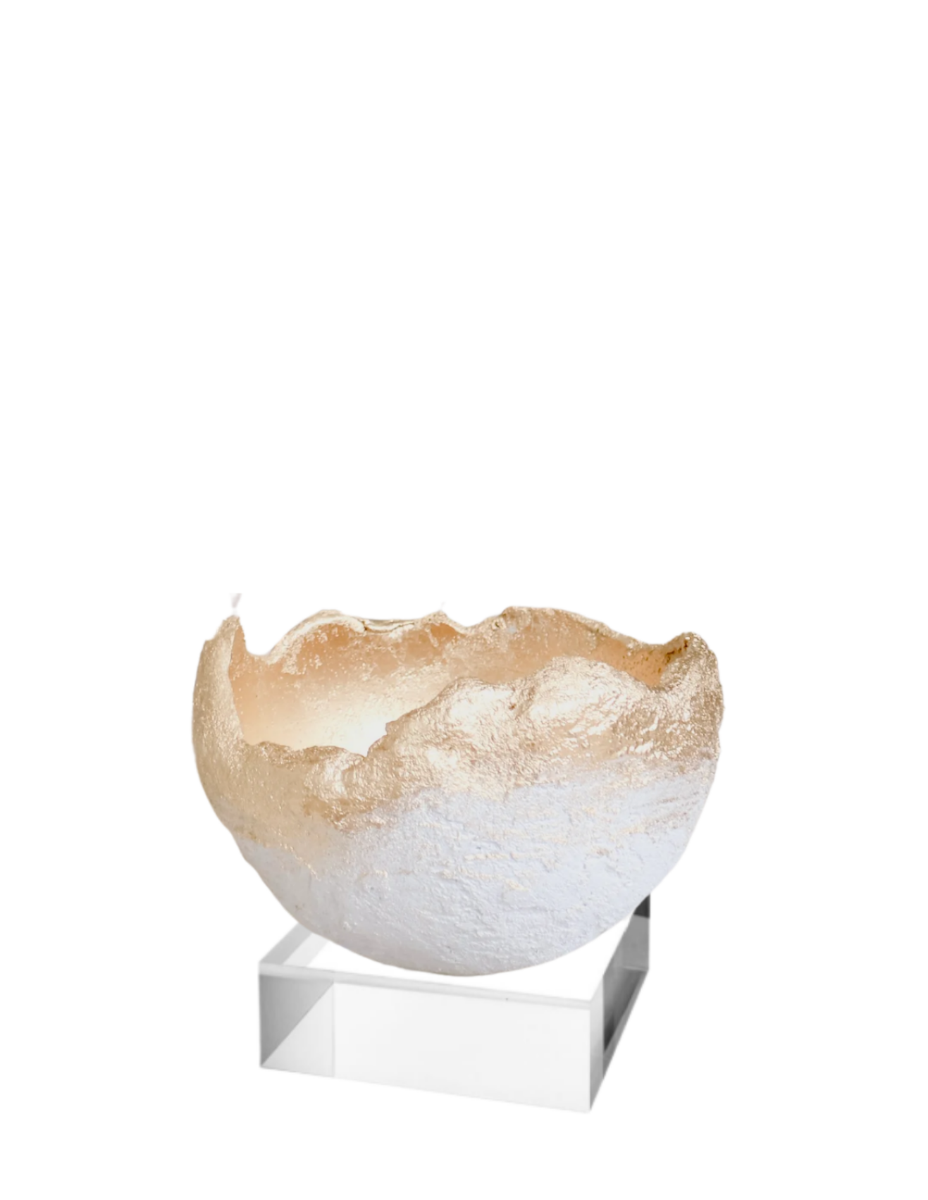 A textured, organic-shaped bowl with a white and light brown gradient surface, displayed on a clear acrylic block stand against a solid white background.
