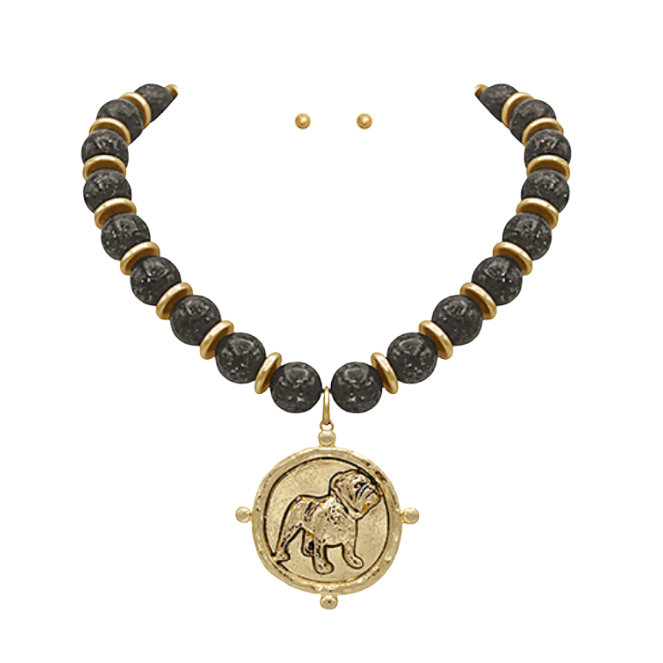 Bulldog Coin Pendant + Black Bead Necklace