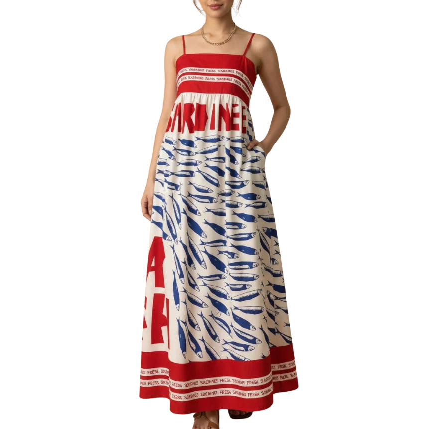 A woman modeling a sleeveless maxi dress with a red and white striped bodice and a blue, white, and red abstract patterned skirt, set against a plain white background.