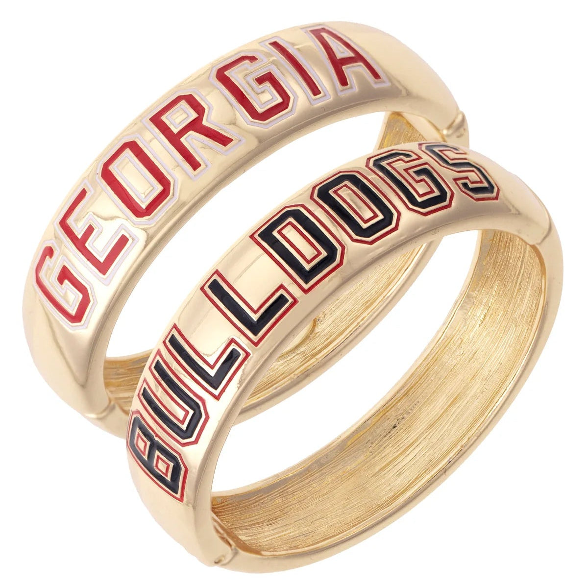 A pair of gold-plated rings featuring the Georgia Bulldogs logo and name. One ring displays 'GEORGIA' in red and white enamel, and the other displays 'BULLDOGS' in red and black enamel, set against a plain white background.