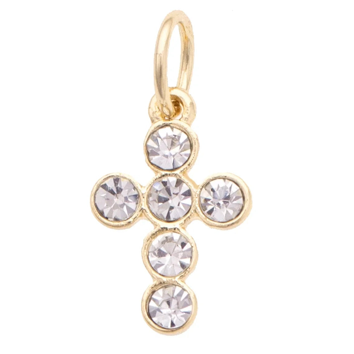 Gold cross pendant with clear crystals on a white background