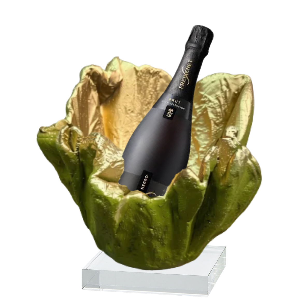 A luxury champagne bottle displayed inside a decorative green and gold lettuce-shaped ice bucket on a clear acrylic stand, set against a plain white background.