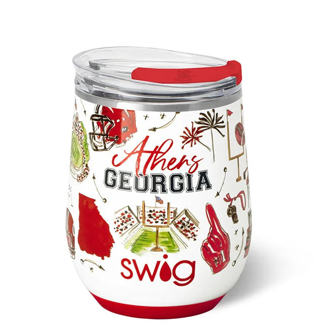 A white insulated travel tumbler with a clear lid and red accents, featuring 'Athens GEORGIA' and the Swig logo printed with red, green, and brown Georgia football-themed illustrations on a white background.