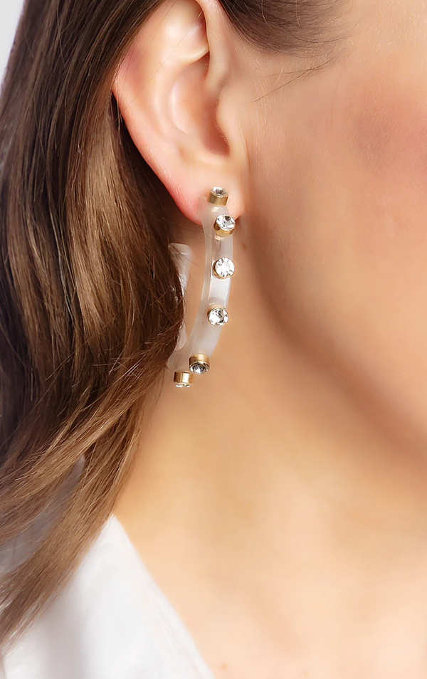 Purple Resin and Rhinestone Hoop Earrings