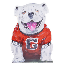 Load image into Gallery viewer, An acrylic block featuring a hand-painted image of the University of Georgia Bulldog mascot in a red jersey.