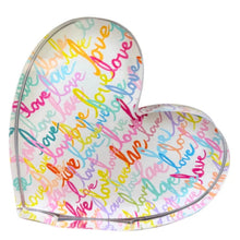 Load image into Gallery viewer, Heart-shaped cushion with 'love' text in various colors on a white background