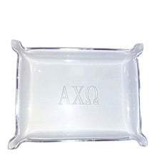 Load image into Gallery viewer, Clear square glass tray with 'AXO' engraving on a white background