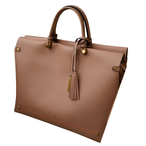 Brown leather handbag with a tassel on a white background