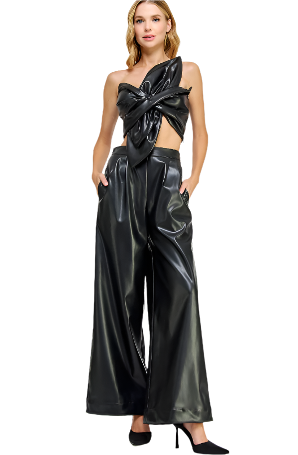 Black Leather Knotted Twist Crop Top