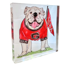 Load image into Gallery viewer, Acrylic block with a bulldog wearing a red jersey and holding a flag on a clear background