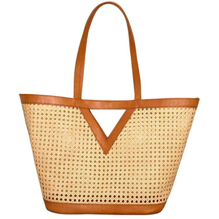 Large Square Cane Weave Rattan Tote with Triangle