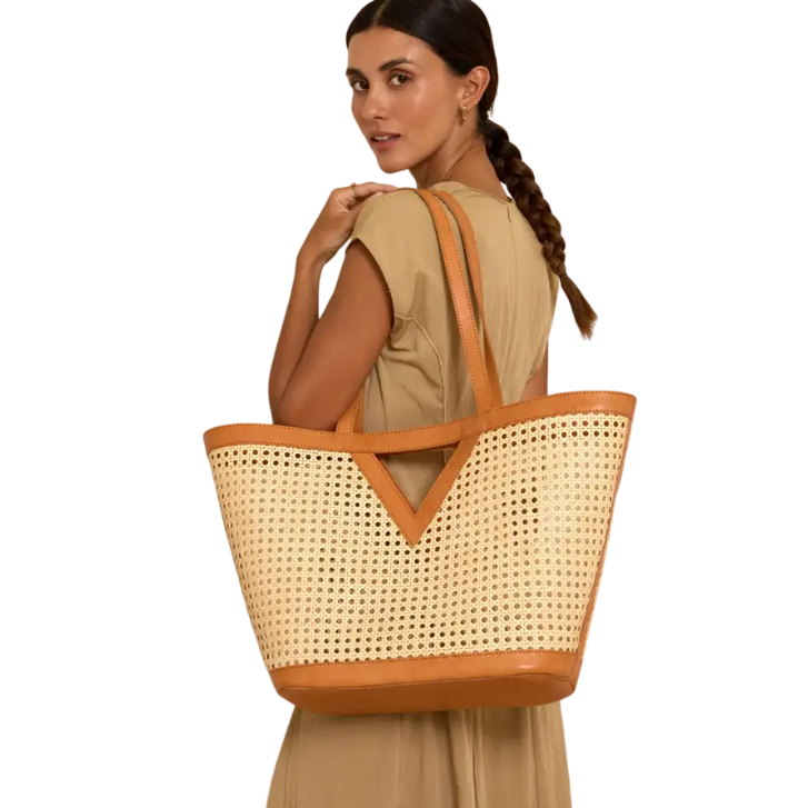 Large Square Cane Weave Rattan Tote with Triangle