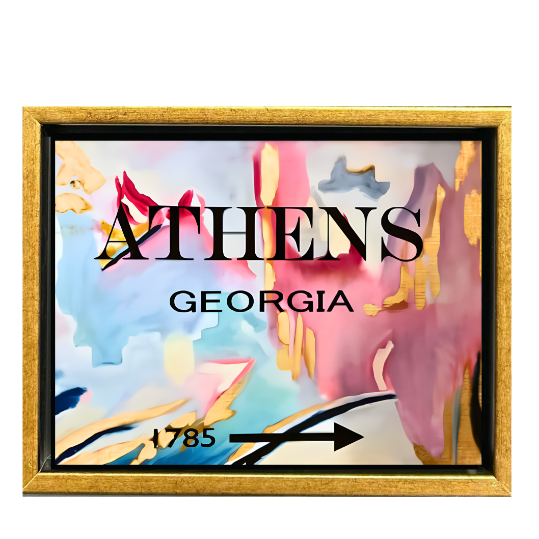 A framed art print featuring an abstract painting with the text 'ATHENS GEORGIA' and '1785' on a white background.
