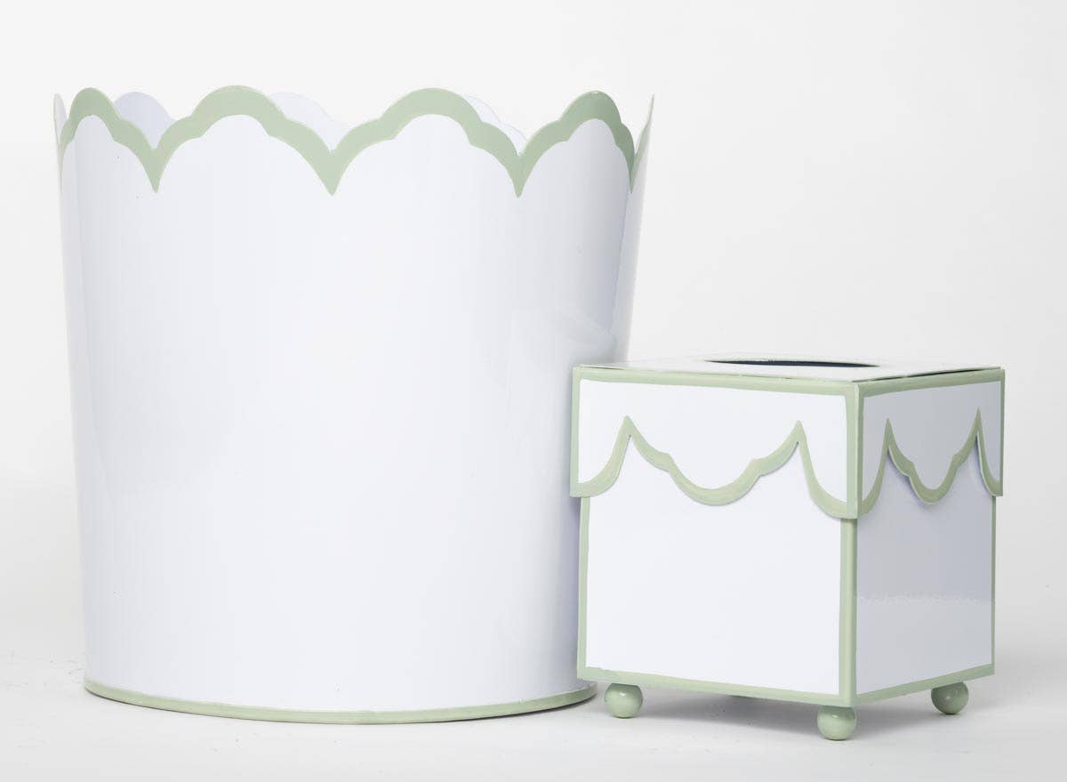 SCALLOPED IVORY/SOFT GREEN WASTEPAPER BASKET / TISSUE SET