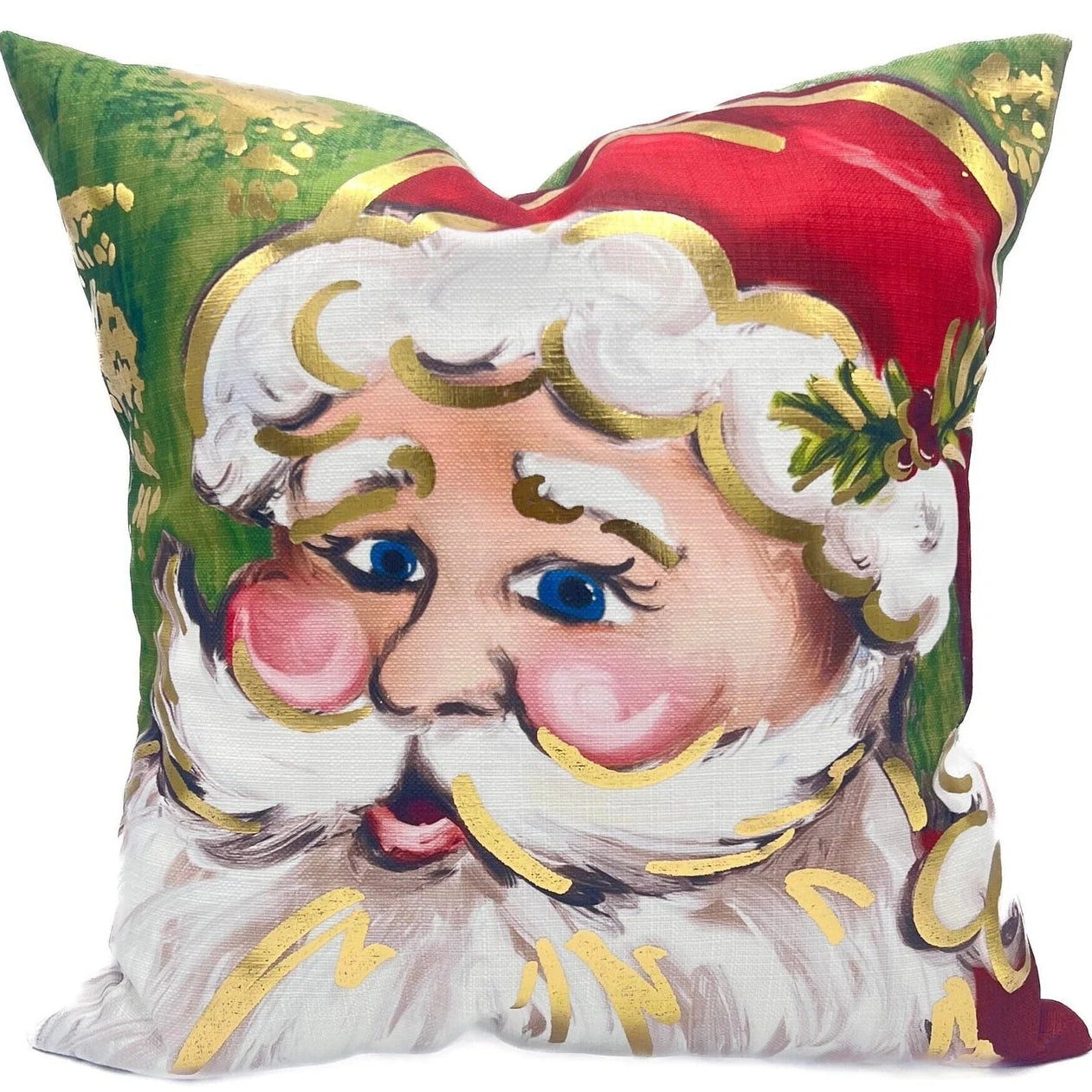 Classic Santa in Green Gold Foil Pillow