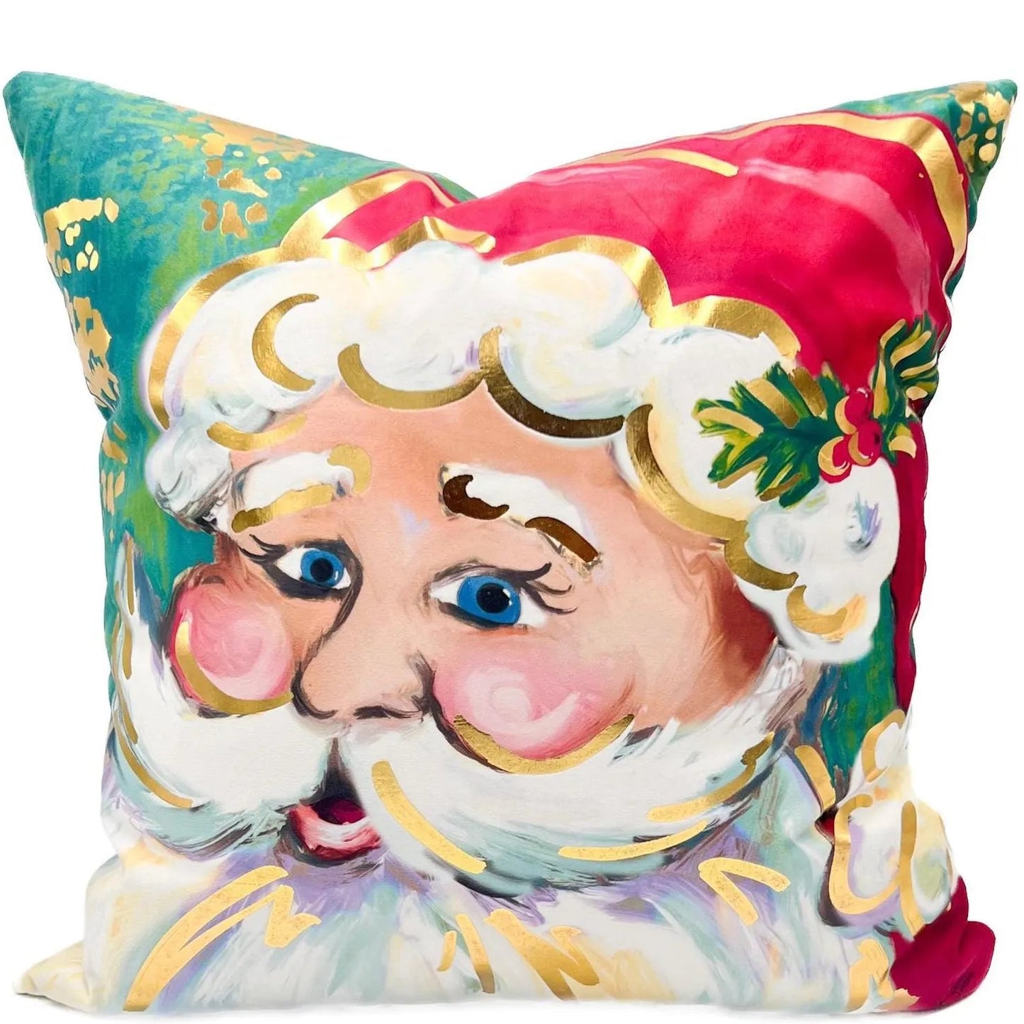 Classic Santa in Teal Gold Foil Pillow