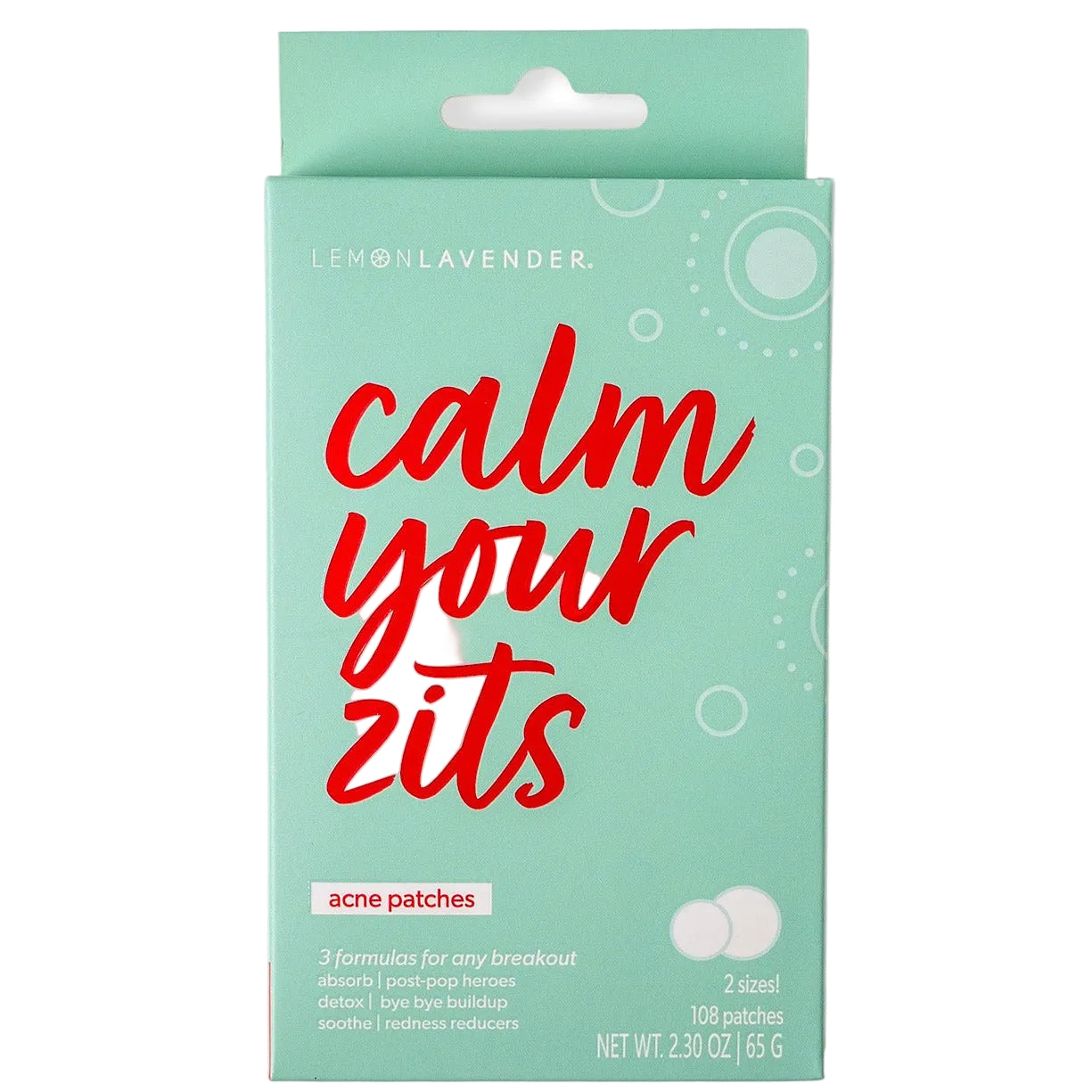 Pack of acne patches with 'calm your zits' text on a light green background