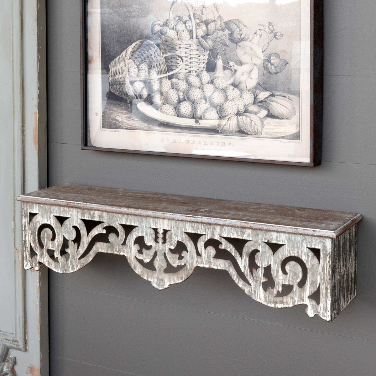 Wood and Metal Filagree Wall Shelf