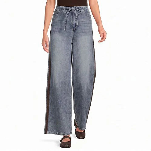 Washed Denim Pants With Brown Stripe