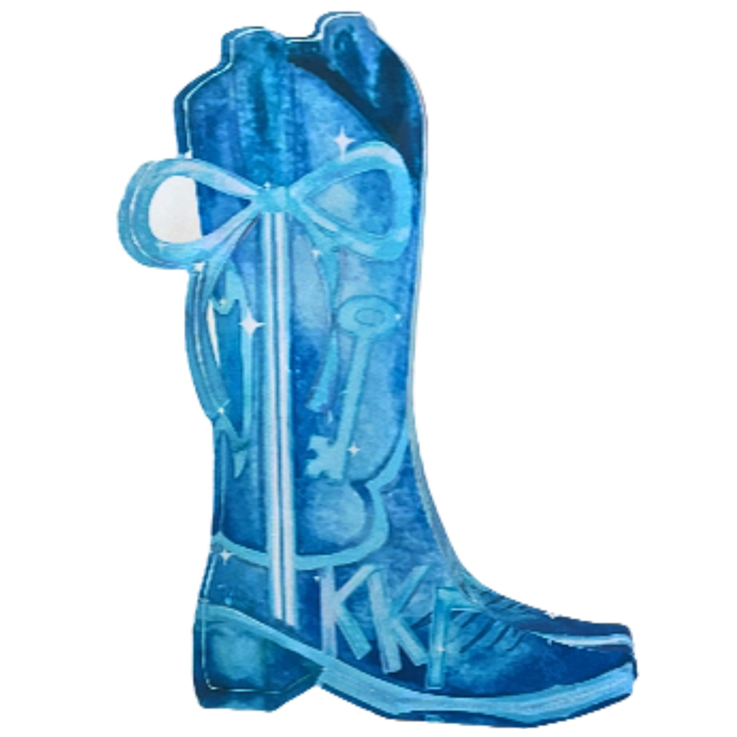 Blue cowboy boot with a decorative bow on a white background
