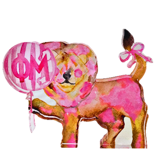 Colorful lion with pink and brown patterns holding a pink striped ballon with Phi Mu on it all on acrylic