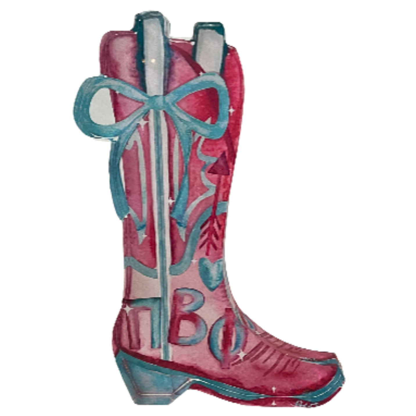maroon cowboy boot with a blue bow and 'Pi Beta Phi" greek letters on acrylic.