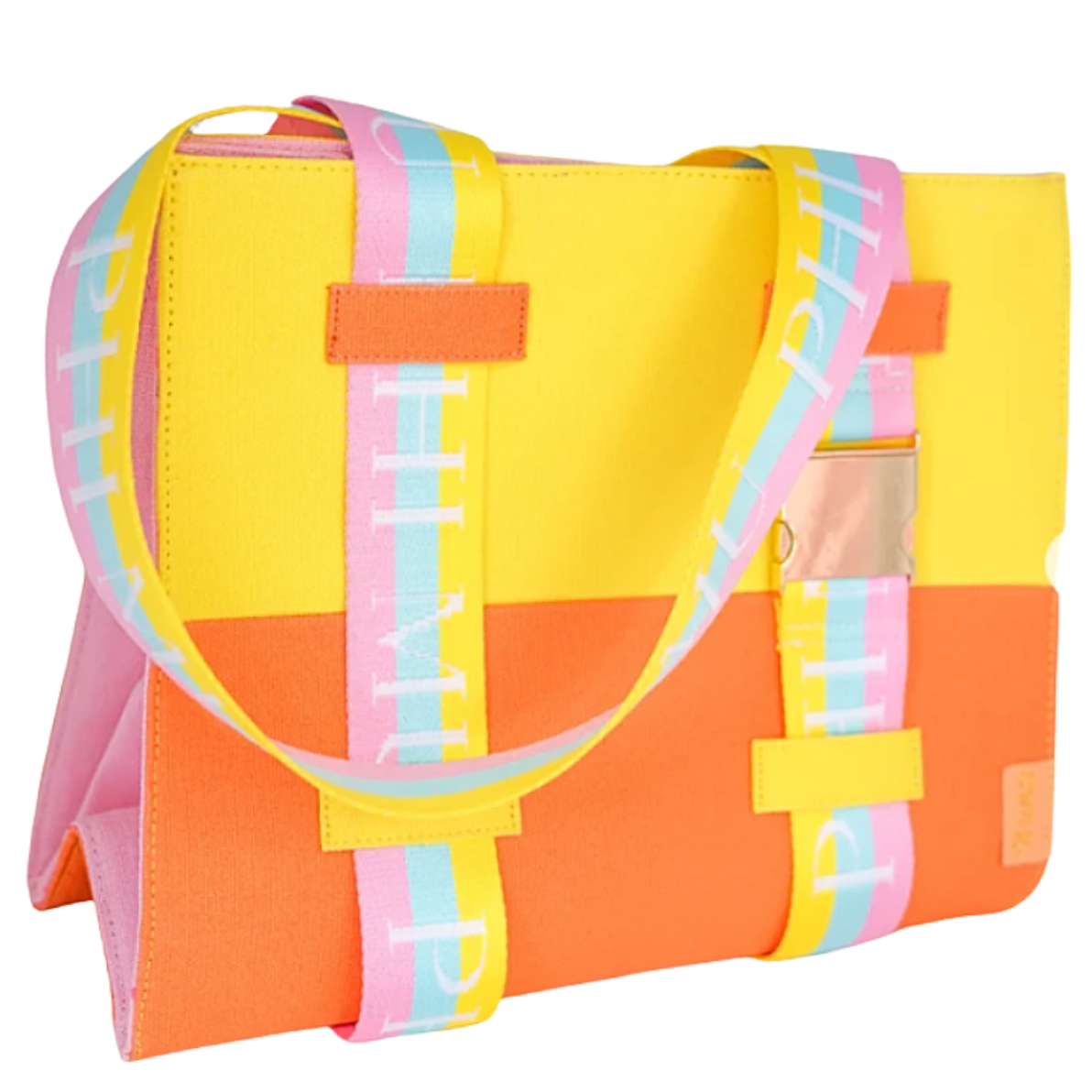 Colorful tote bag with a geometric pattern on a white background