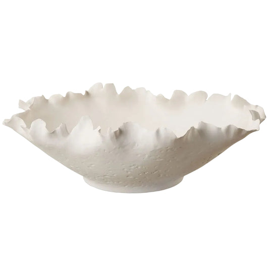 White ceramic bowl with textured rim on a white background