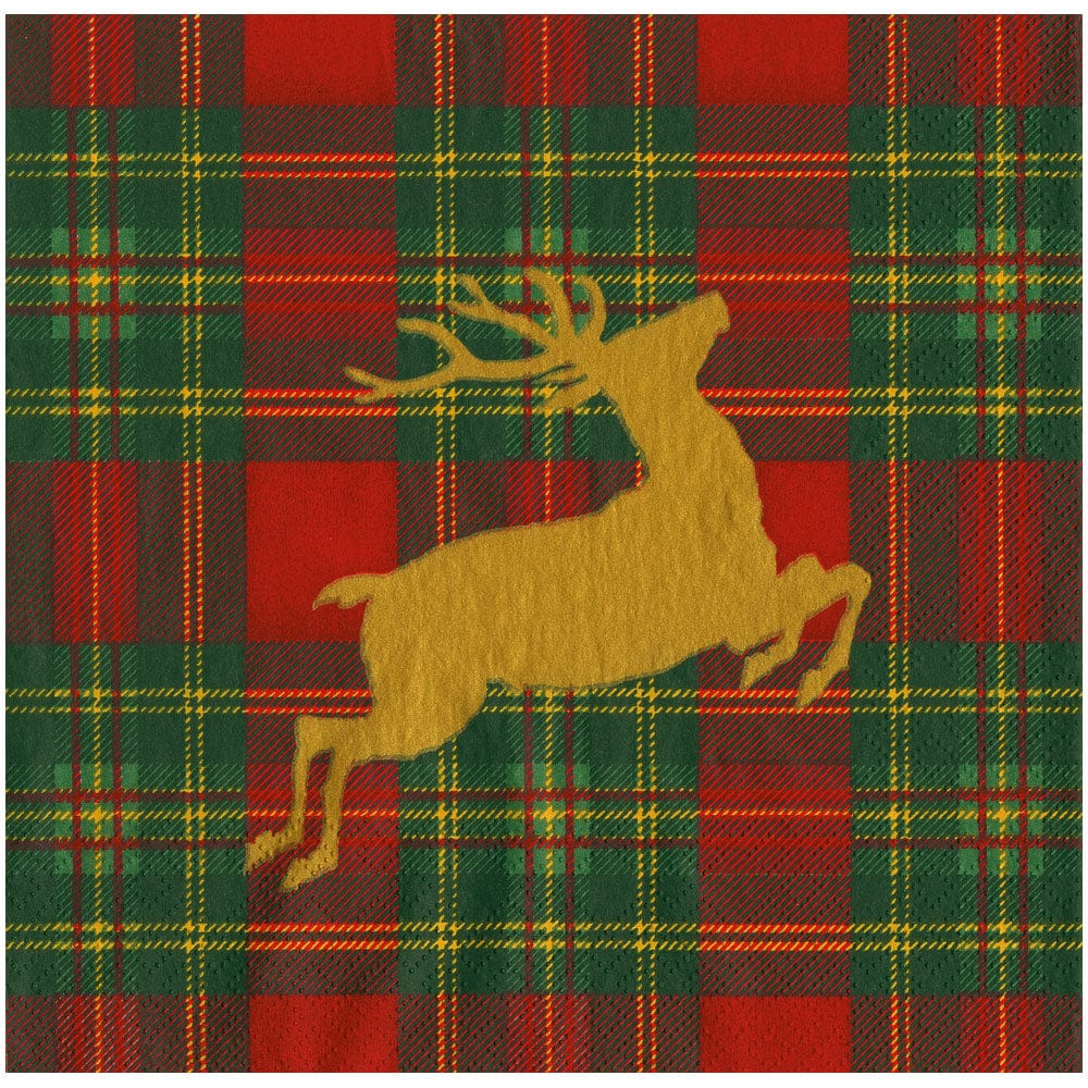 Caspari Reindeer Tartan Red Dinner Napkins
