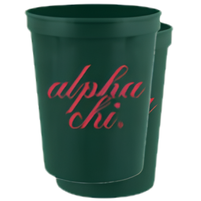 A dark green plastic cup with the words 'alpha chi' printed in pink cursive script on the front, shown against a plain white background.