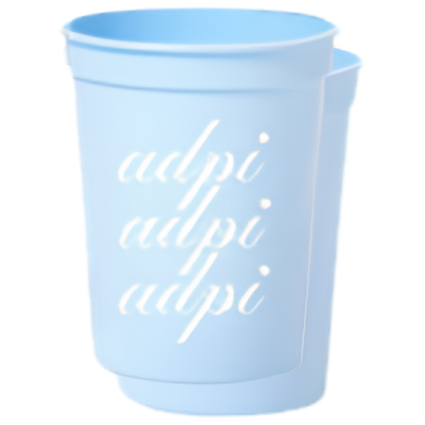 A light blue plastic cup featuring the word 'adpi' printed in white script vertically on the front, set against a plain white background.