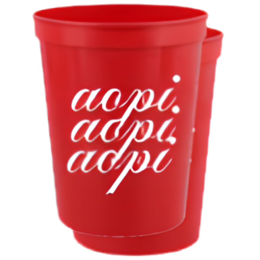 A red plastic cup with the word 'aopi' repeated in white script on the front, shown on a plain white background.