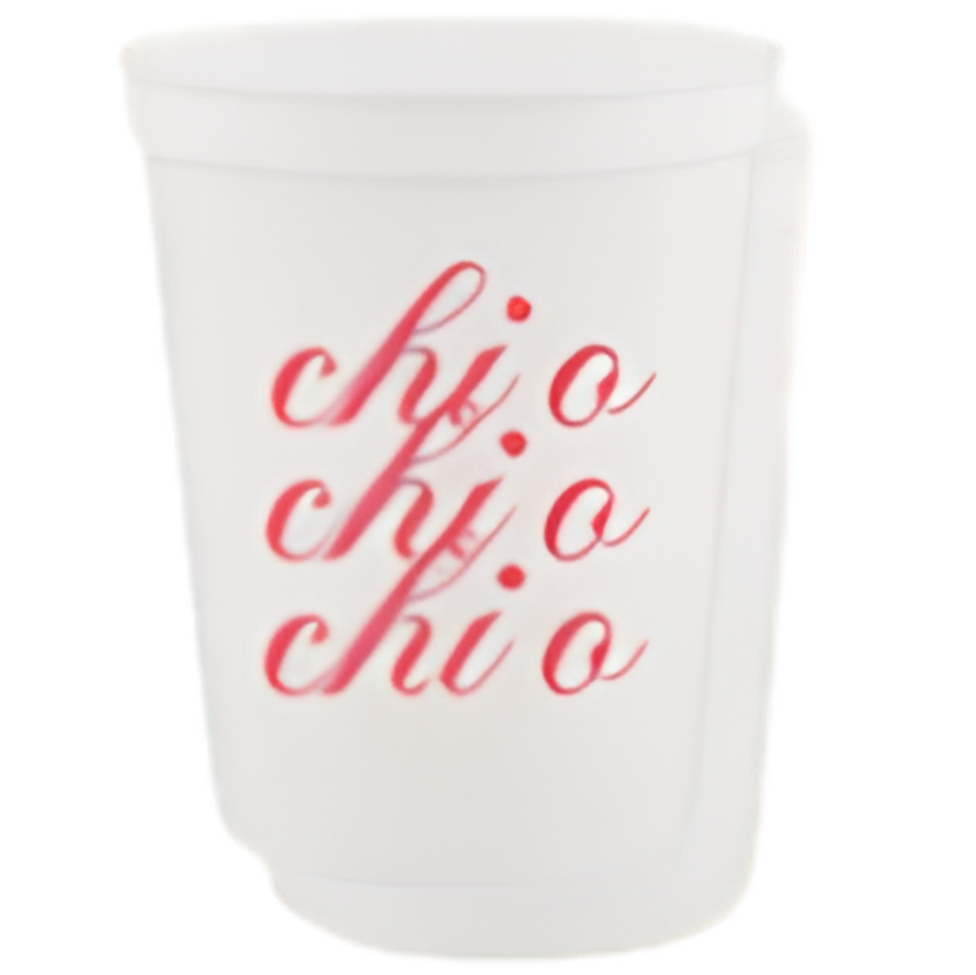 A white plastic cup featuring the word 'chi o' repeated vertically in a red cursive script, set against a plain white background.