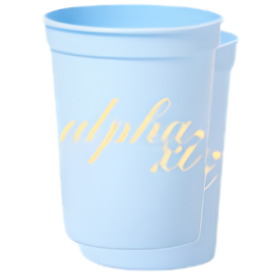 A light blue plastic cup with yellow script reading 'alpha xi' on the front, set against a plain white background.
