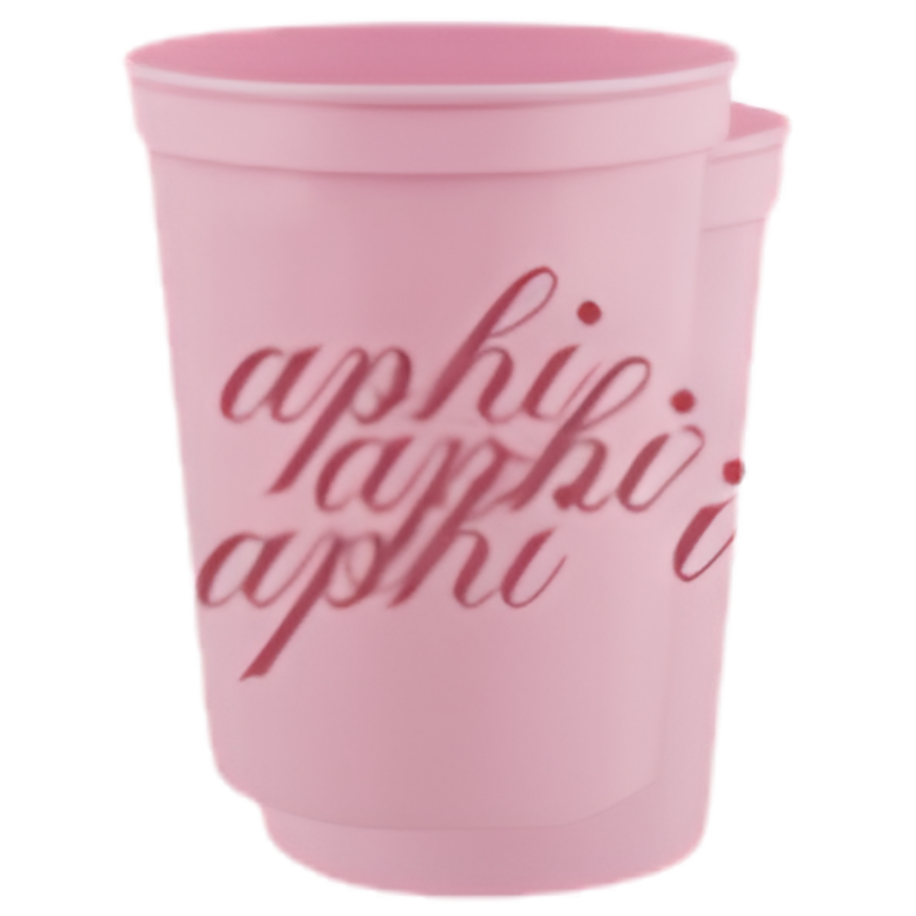 A pink plastic cup with the word 'aphi' printed in a darker pink cursive font on the front, shown against a plain white background.